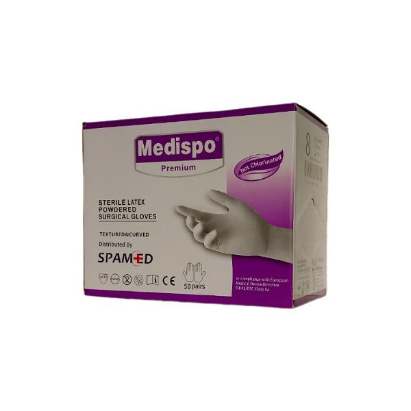 دستکش جراحی غیر پودری مدیسپو مدل پرمیوم سایز متوسط (m) بسته 50 عددی